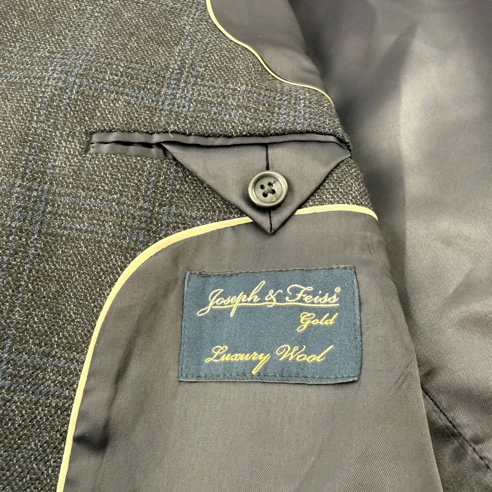 Joseph & Feiss Gold Mens 46R Blazer Jacket 100% Wool Gray Blue Plaid‎ 2-Button